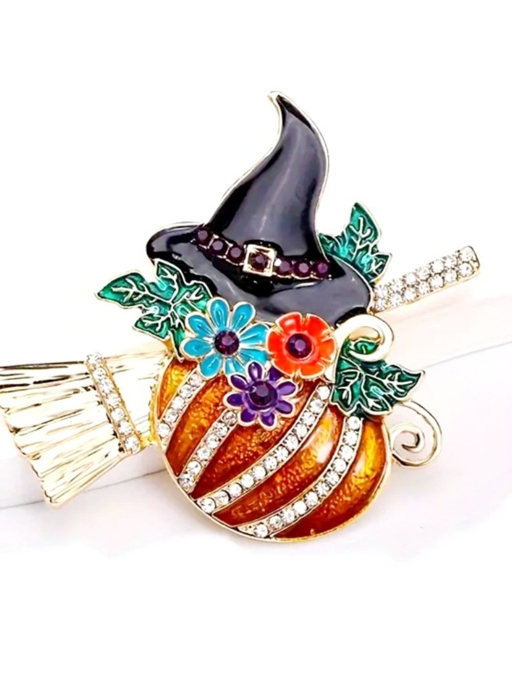 Halloween Witch Pumpkin Broomstick Enamel Brooch - Orange, Black, Green
